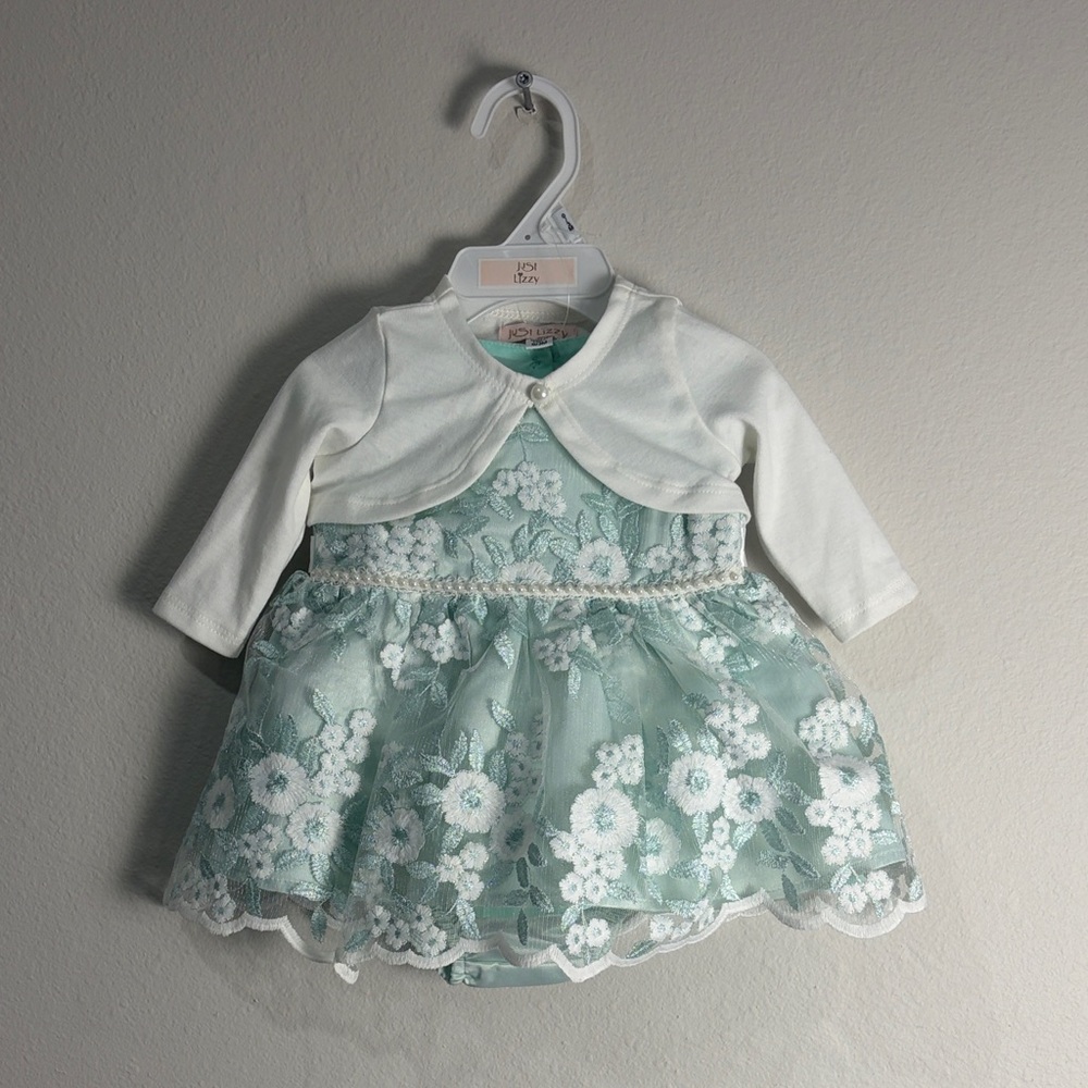 Just Lizzy Green/White Embroidered Floral Infant Dress 0-3mo New Beautiful